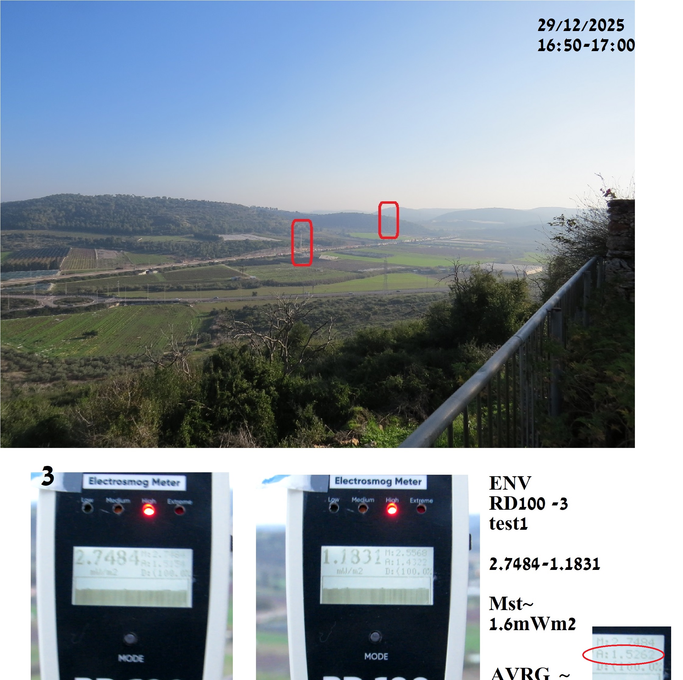 תמונה של האנטנות , ערוכה, עם צילומי מסך מהוידאו שצילמתי, שמראה ערכי מינימום , מקסימום, MSTLY, ממוצע וDUTYCYCLE. כמובן גם תאריך ושעה.