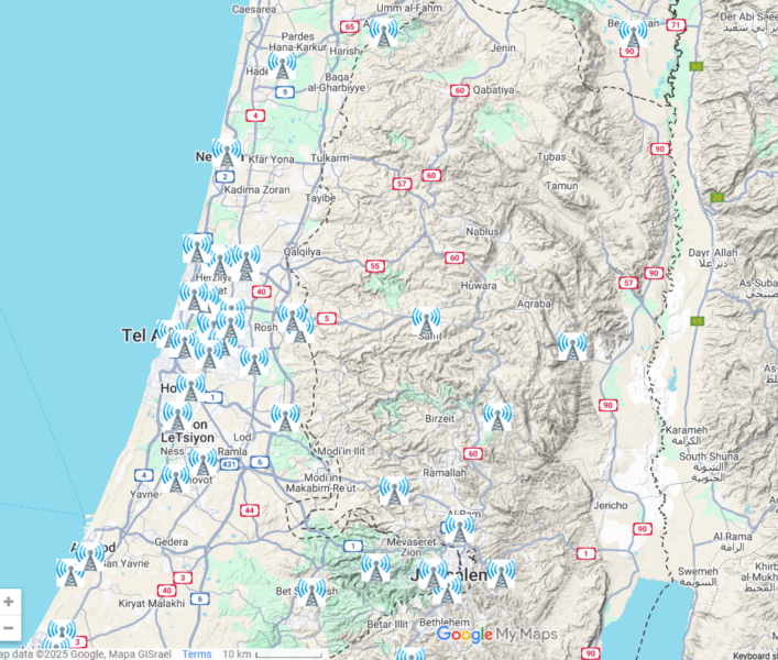 צילום מסך מתוך מפת המשדרים והאנטנות של עידן + , מרכז הארץ